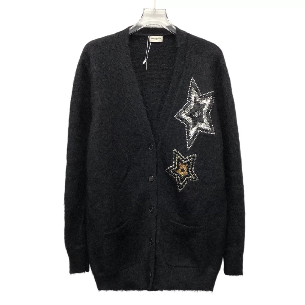 Saint Laurent Yves Black Five-Point Star Sequin Beaded Mohair V-Neck Single-Breasted Cardigan Jacket