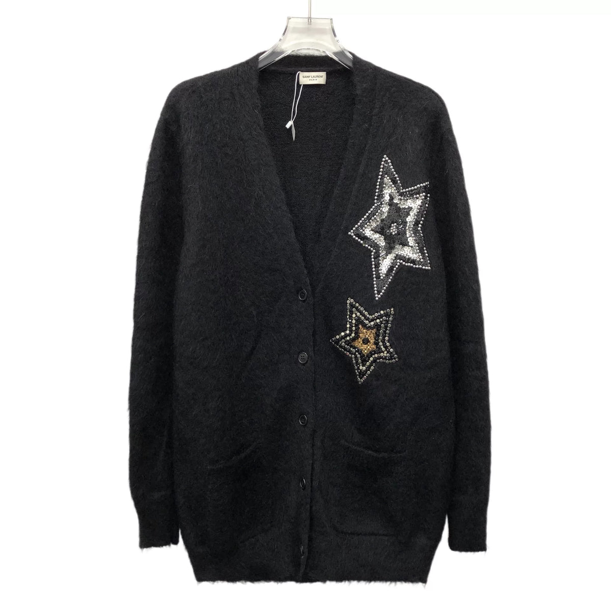 Saint Laurent Yves Black Five-Point Star Sequin Beaded Mohair V-Neck Single-Breasted Cardigan Jacket