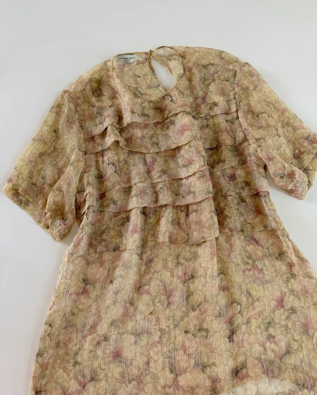 Dries van Noten Silver Watercolor Floral Distressed Silk Top
