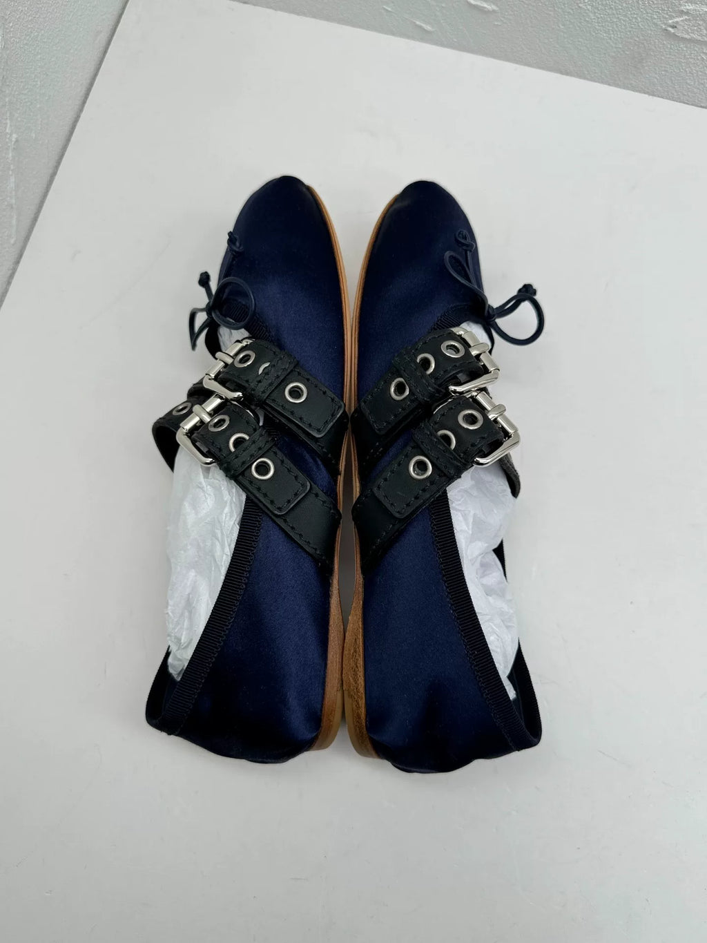 Miu Miu Navy Blue Satin Leather Bow Mary Janes