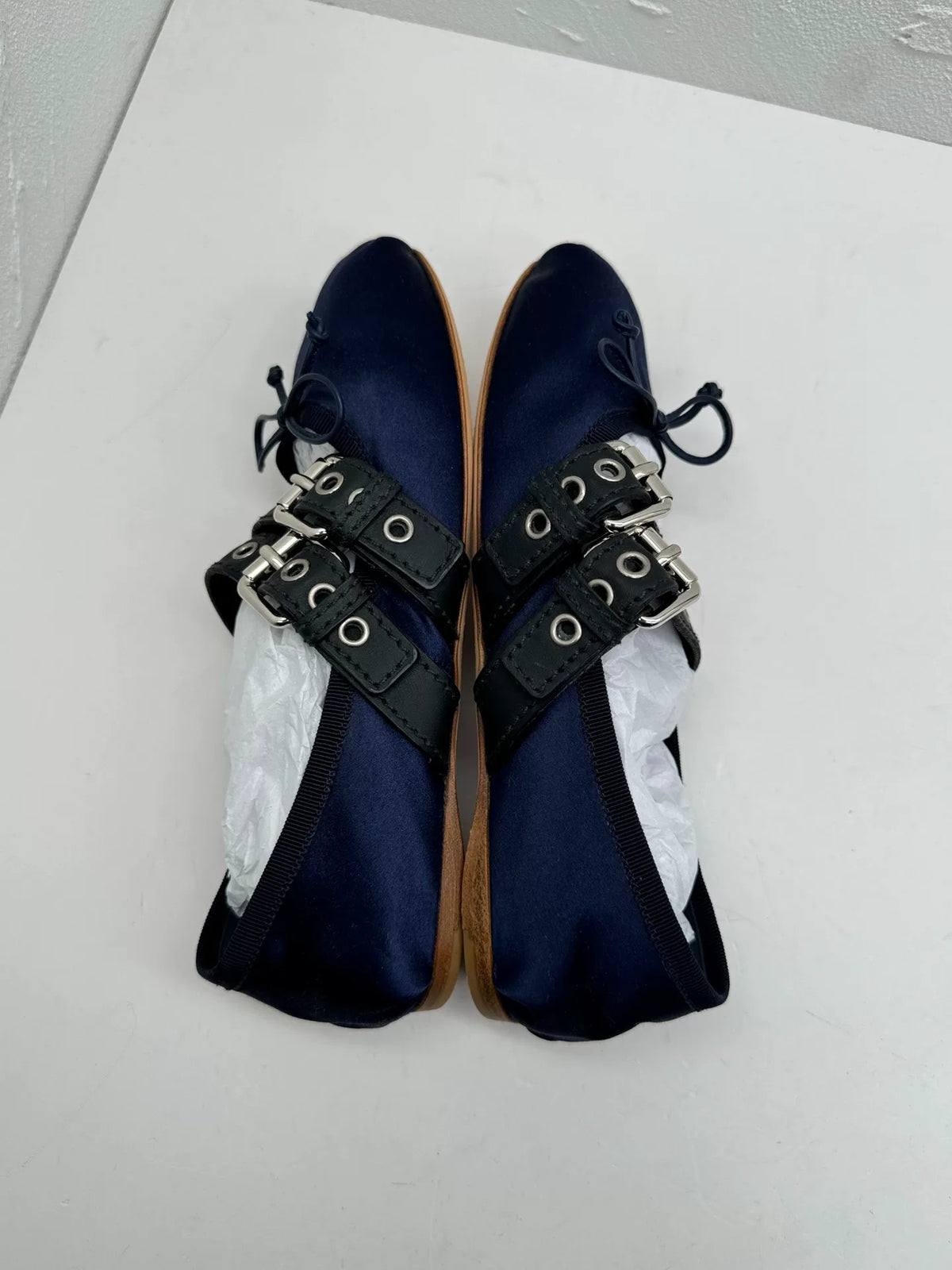 Miu Miu Navy Blue Satin Leather Bow Mary Janes
