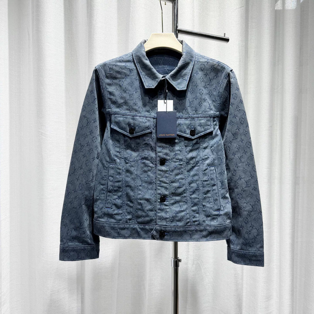 Louis Vuitton Denim Monogram All-Over Print Button-Front Washed Distressed Blue Jacket