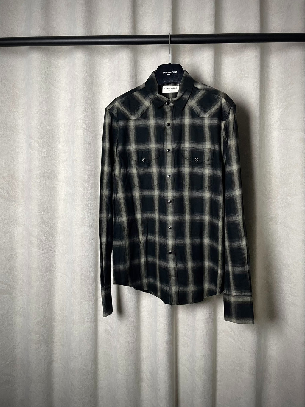 Saint Laurent 13FW Hedi Slimane Black White Plaid Cat-Eye Button Shirt by Hedi Slimane