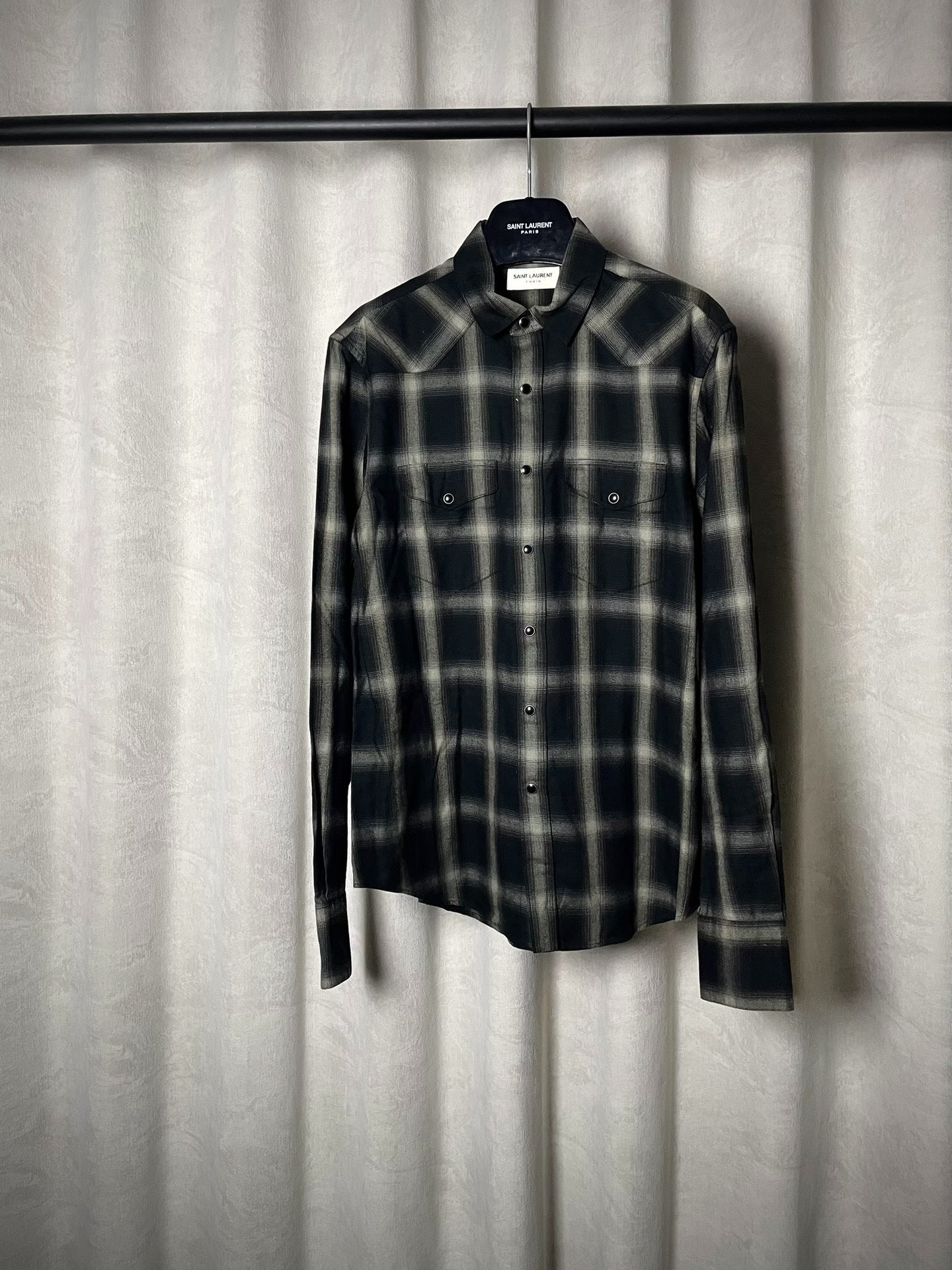 Saint Laurent 13FW Hedi Slimane Black White Plaid Cat-Eye Button Shirt by Hedi Slimane