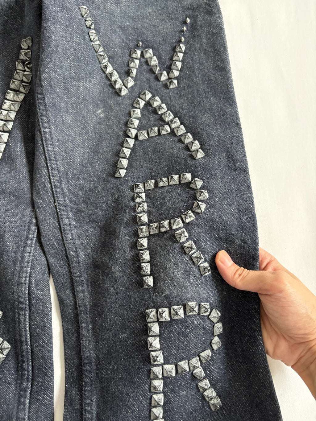 Walter van Beirendonck rivet patchwork jeans W&LT vintage runway piece rivet and spike patchwork jeans