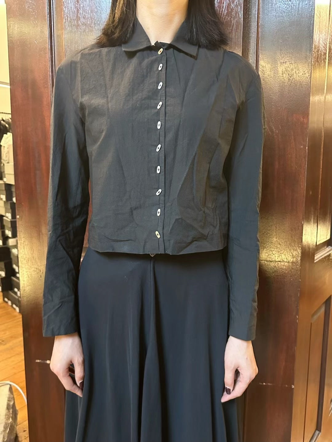 M.A+ FW24 Black Wide Cropped 925 Silver Button Organic Cotton Shirt