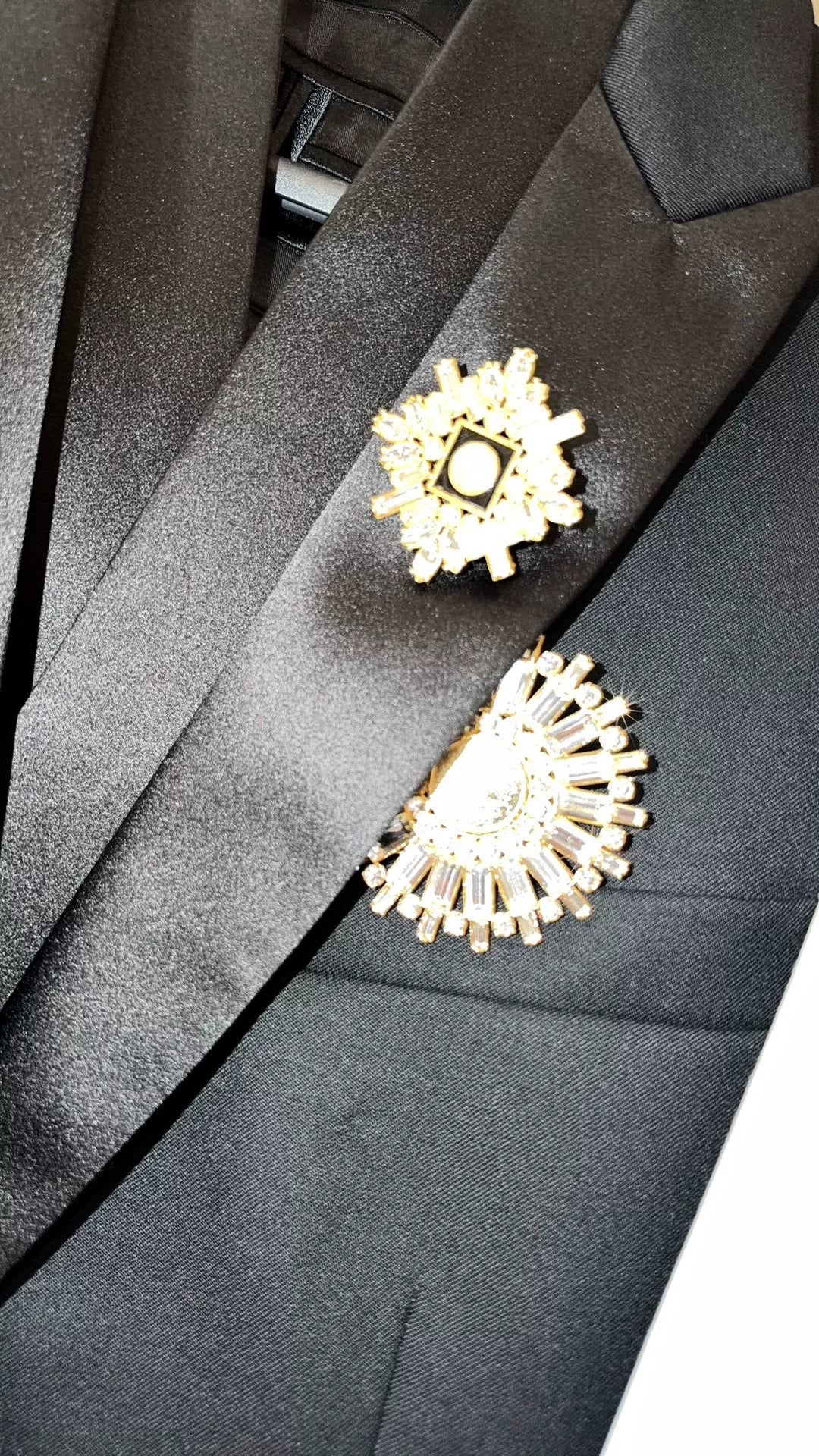 Balmain FW22 Sword Collar One‑Button Pin‑Decorated Satin Peak-Lapel Wool Blazer