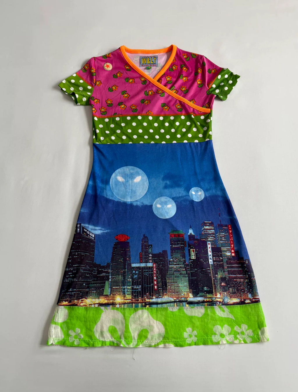 Walter van Beirendonck runway dress W&LT vintage 1997 runway piece city night view "Kiss the Future" print patchwork dress