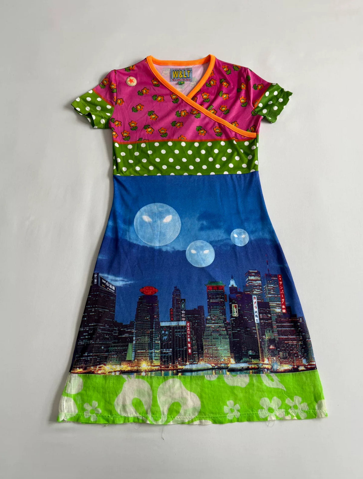 Walter van Beirendonck runway dress W&LT vintage 1997 runway piece city night view "Kiss the Future" print patchwork dress