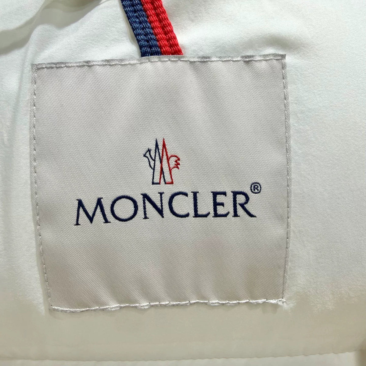 Moncler ODART White Letter Print Webbing Hooded Nylon Down Jacket