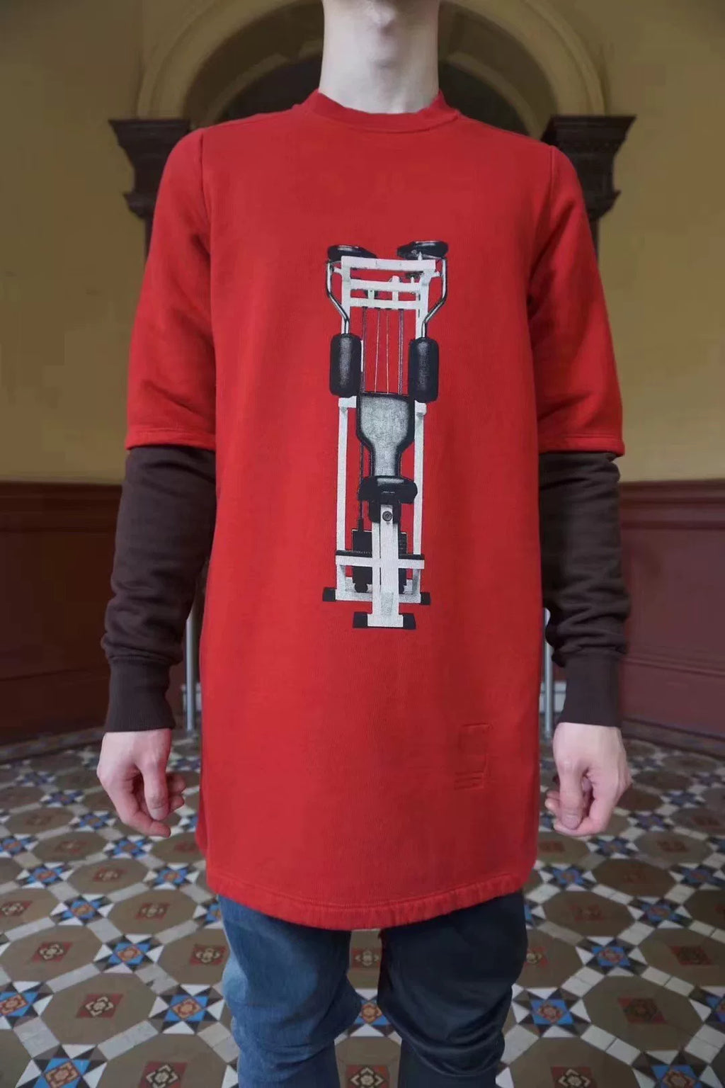 Rick Owens FW19 Red Gym Print Layered Cotton Sweater