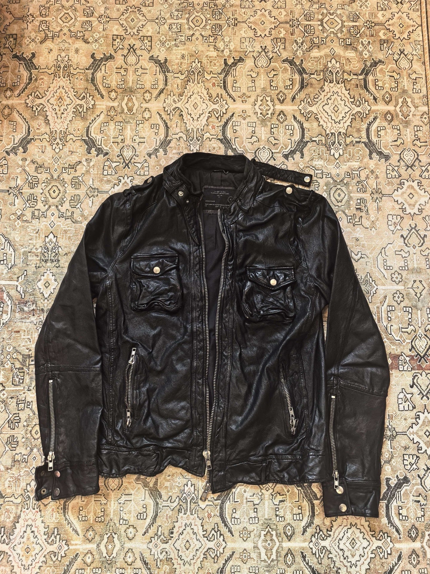 All Saints Black Sheepskin Multi Zip Leather Jacket
