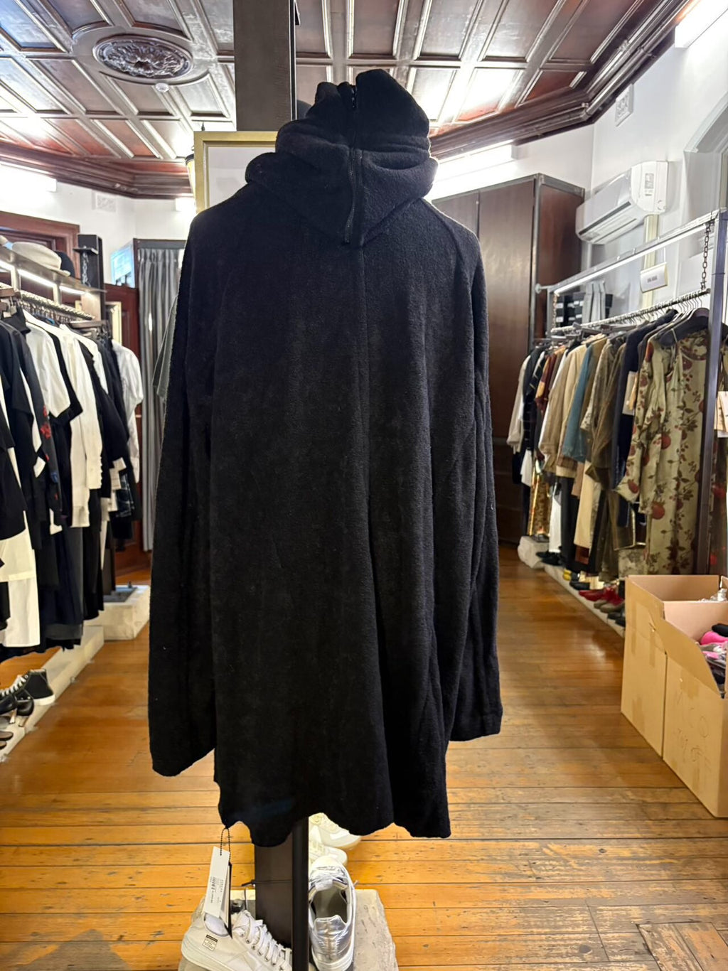Julius FW16 Black Diagonal Zip Collared Long Hooded Beast Mixed Fiber Coat