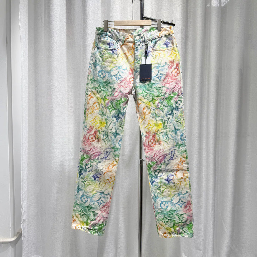 Louis Vuitton Denim Crayon Graffiti All-Over Print Monogram Straight-Leg Cotton Multicolor Pants