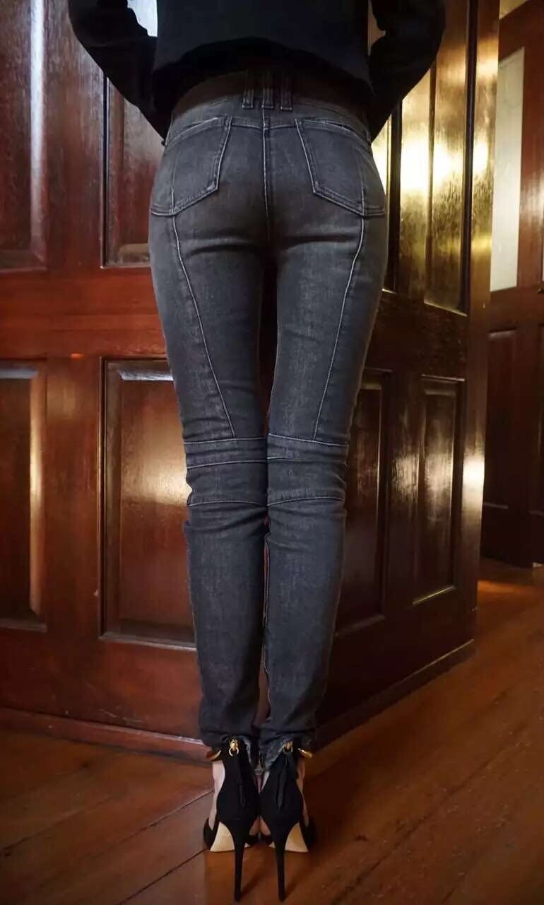 Balmain FW15 Sizs40 Dark Grey Black Gold Button Slim Fit Denim Jeans