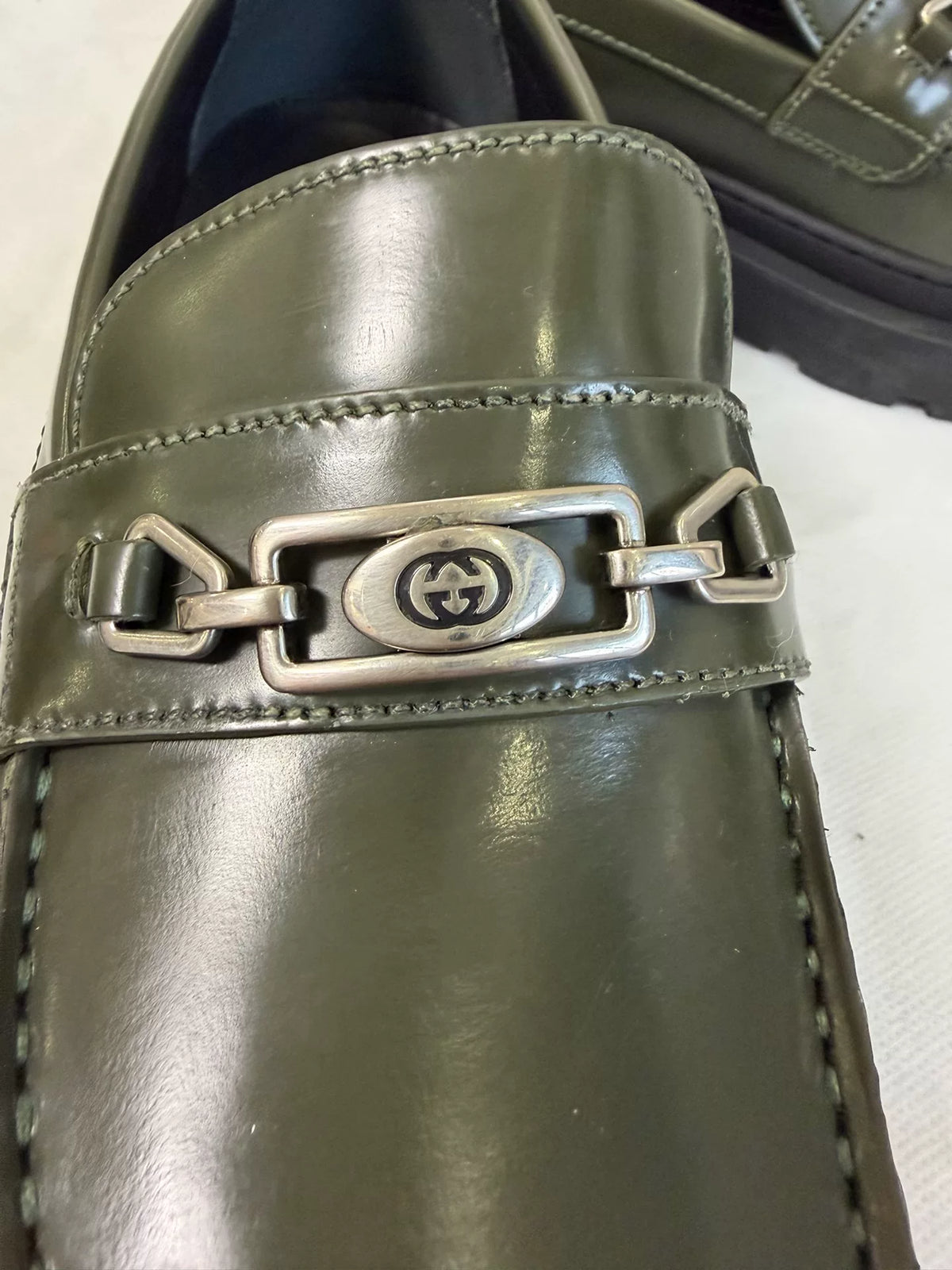 Gucci Dark Green Horsebit Leather Loafers