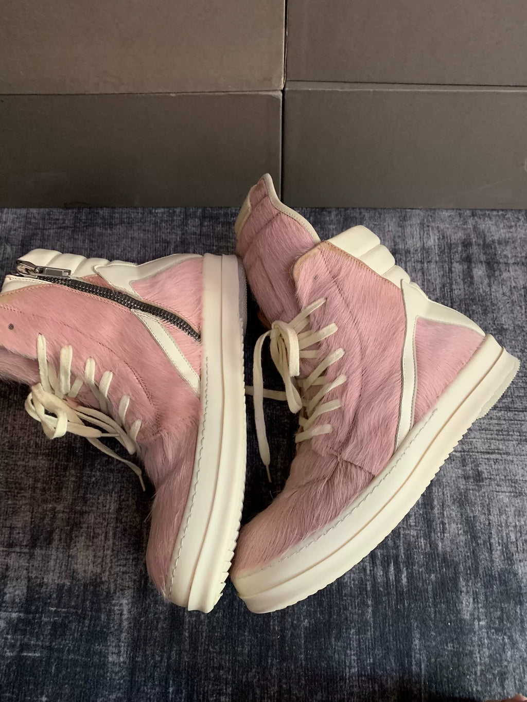 Rick Owens Inverted-Triangle Pink Fur Sneakers