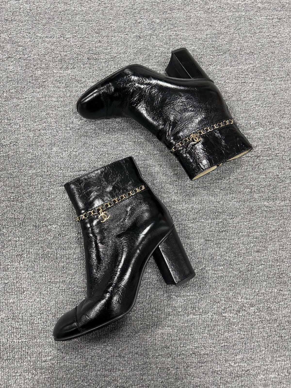 Chanel Black Chunky Heel Oil Wax Leather Ankle Boots