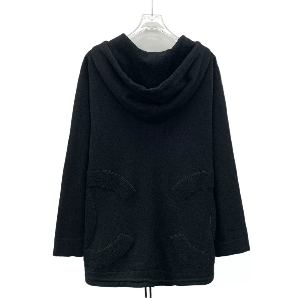 Chanel Black Goat Cashmere Hooded Drawstring Zip-Up Long-Sleeve Jacket