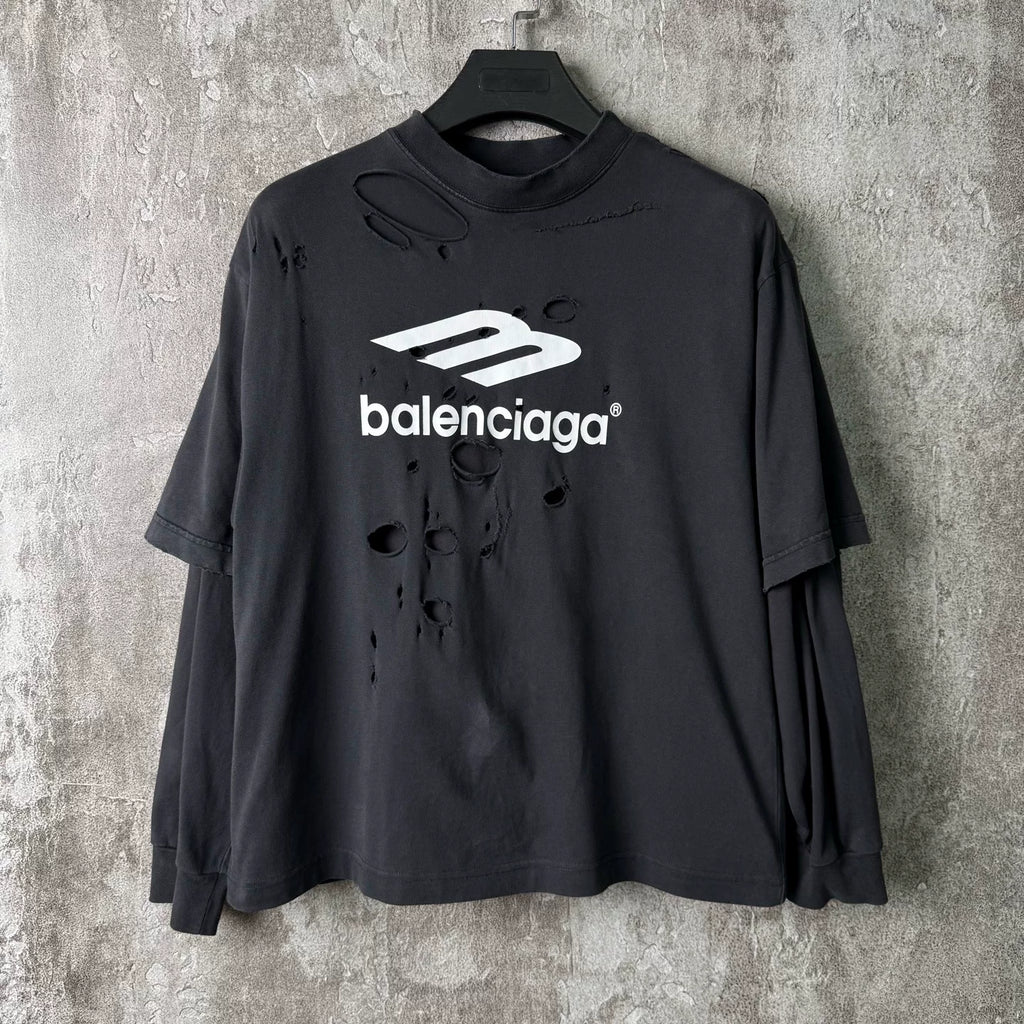 Balenciaga Distressed Printed Logo Layered Long Sleeve Top