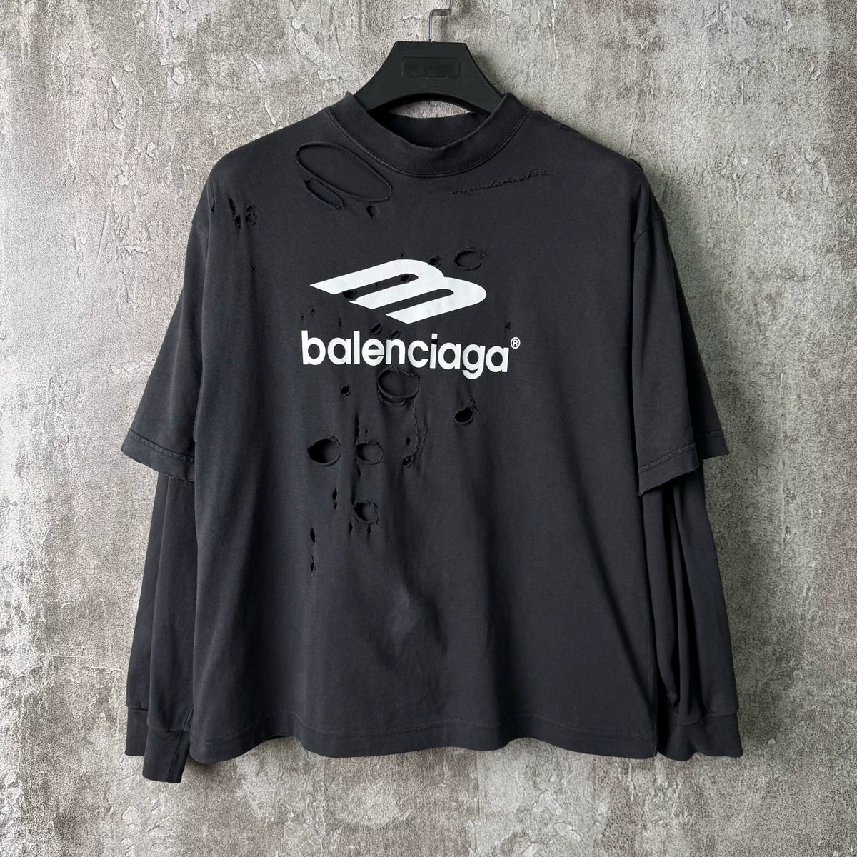 Balenciaga Distressed Printed Logo Layered Long Sleeve Top