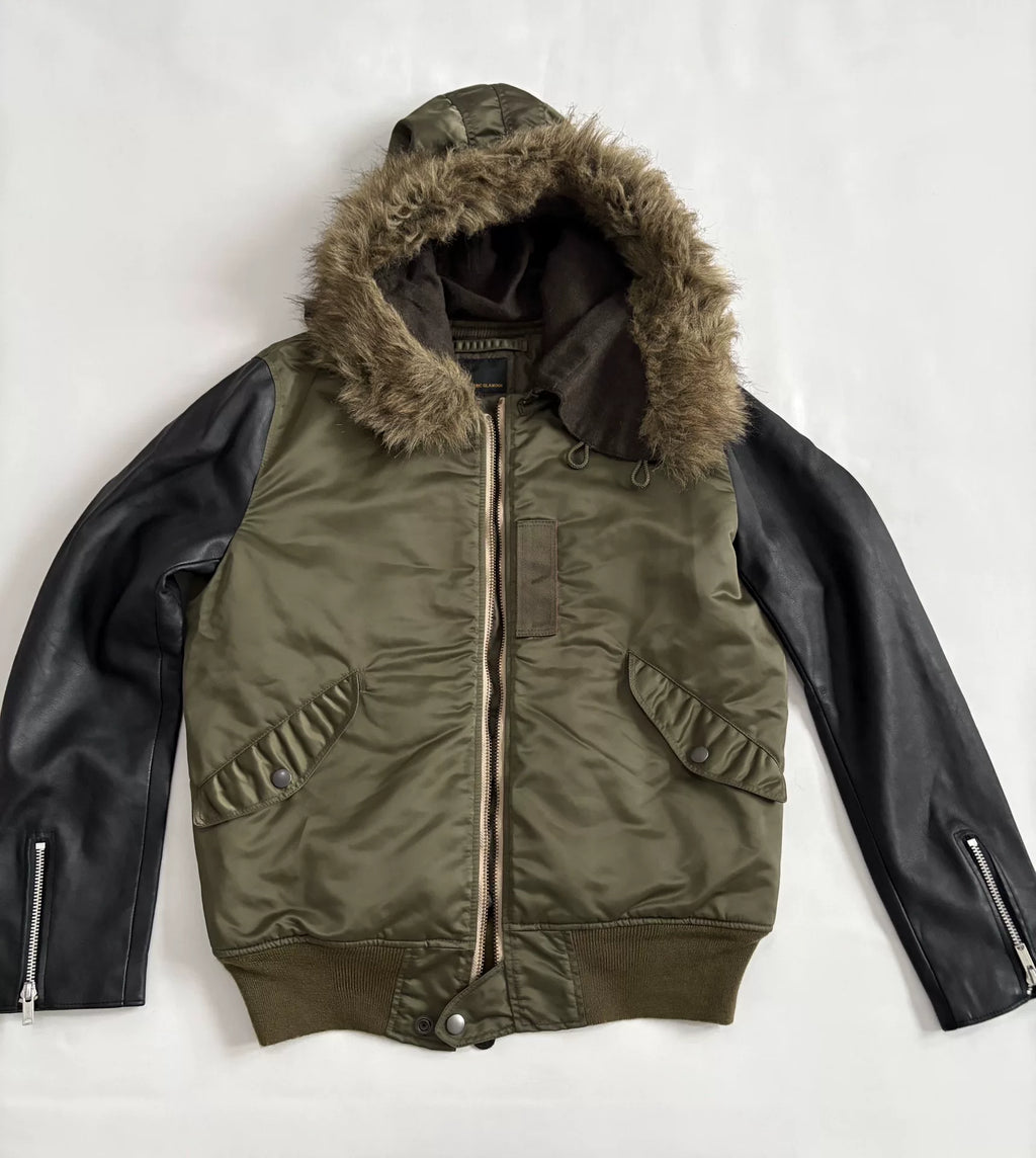 Hysteric Glamour N2B Fur-Collar Hooded Leather-Panel Bomber Jacket
