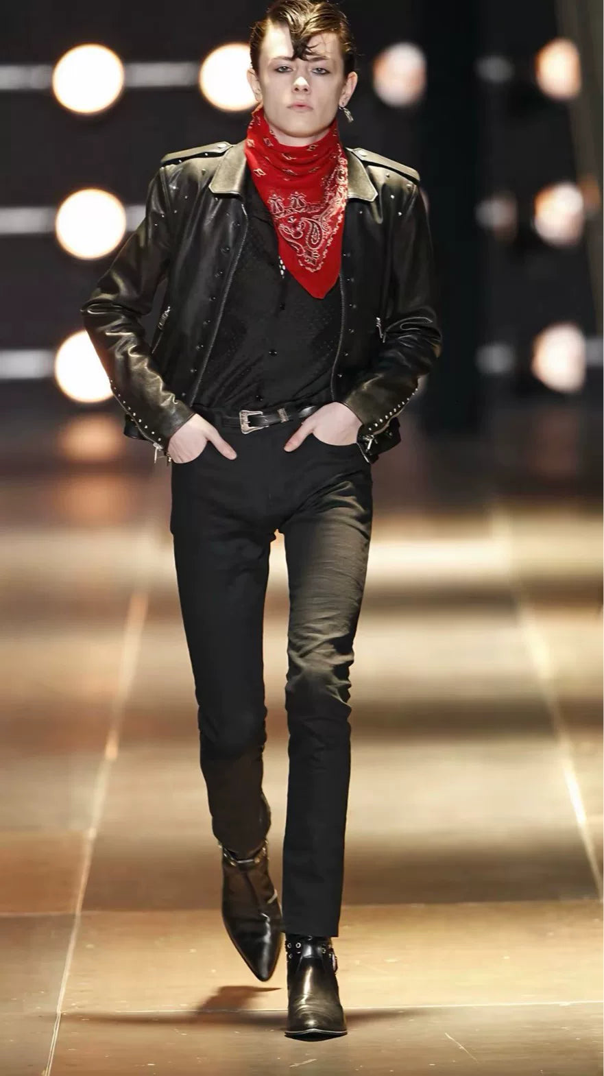 Saint Laurent Paris 14SS Black Leather Western Buckle Pointed Ankle Boots by Hedi Slimane