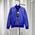 Louis Vuitton Striped Embroidered Checkerboard Stand Collar Cotton Blue Jacket