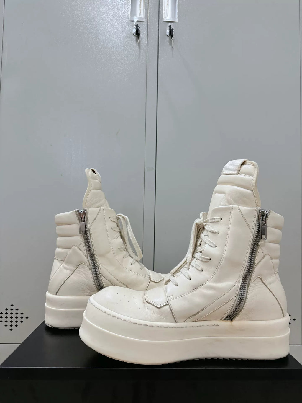 Rick Owens White Milk Thick-Sole Inverted-Triangle Sneakers