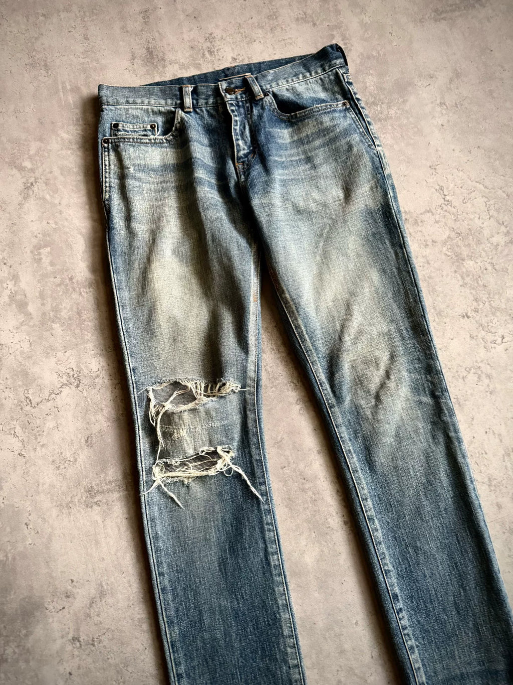 Saint Laurent 19SS D02 Blue Washed Distressed Denim Jeans