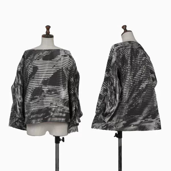 Issey Miyake Vintage Black & White Horizontal Stripe Pleated Top