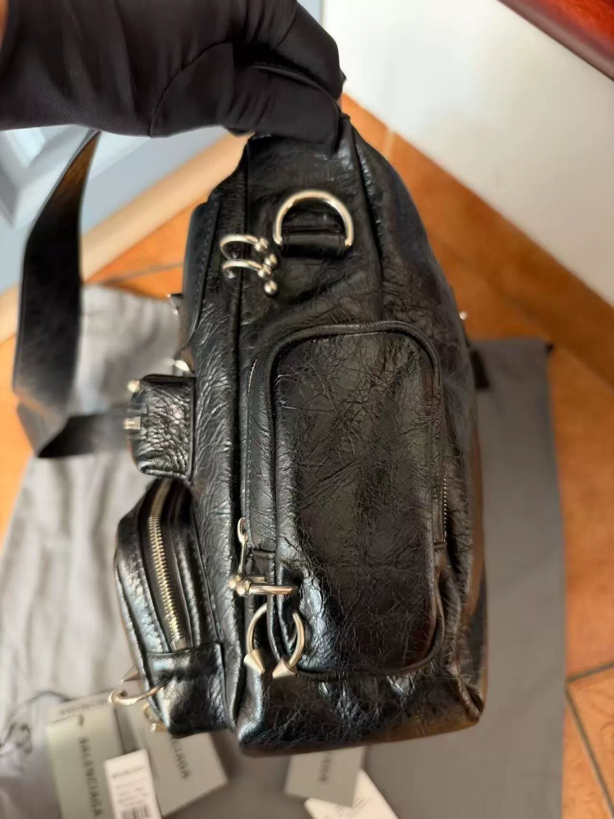 Balenciaga Superbusy Black Riveted Lambskin Shoulder Bag