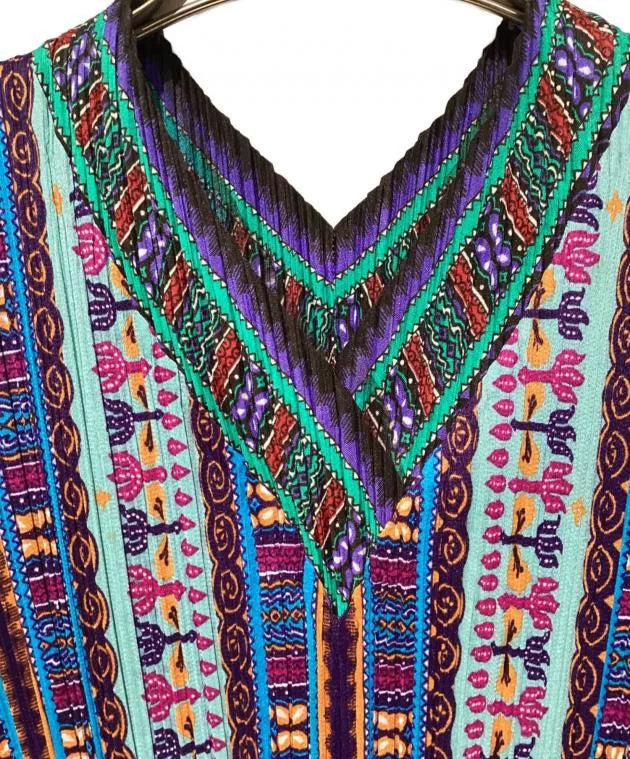 Issey Miyake Ethnic V-Neck Pleated Top