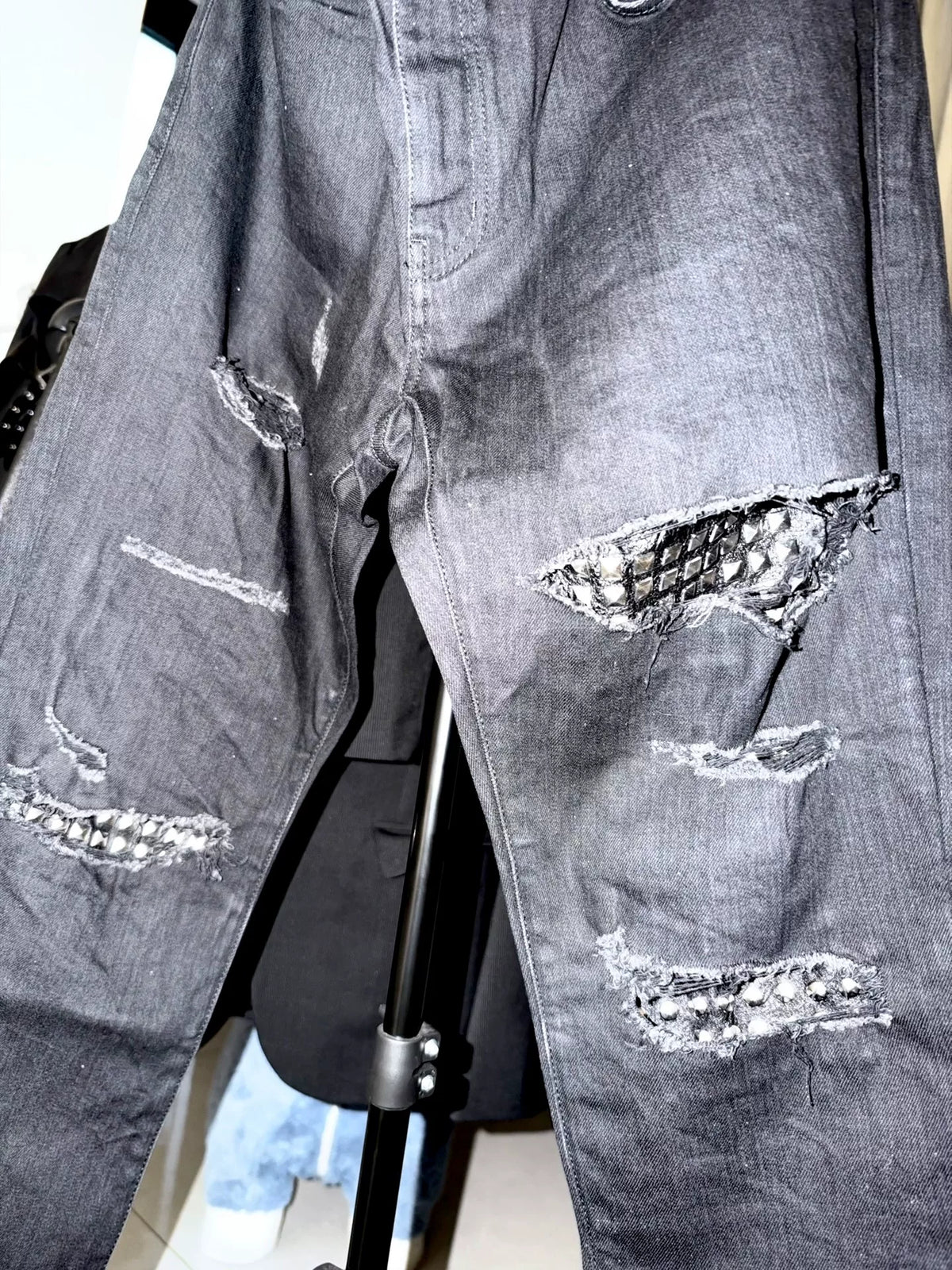 Saint Laurent D02 Black Rivet Distressed Denim Trousers by Hedi Slimane