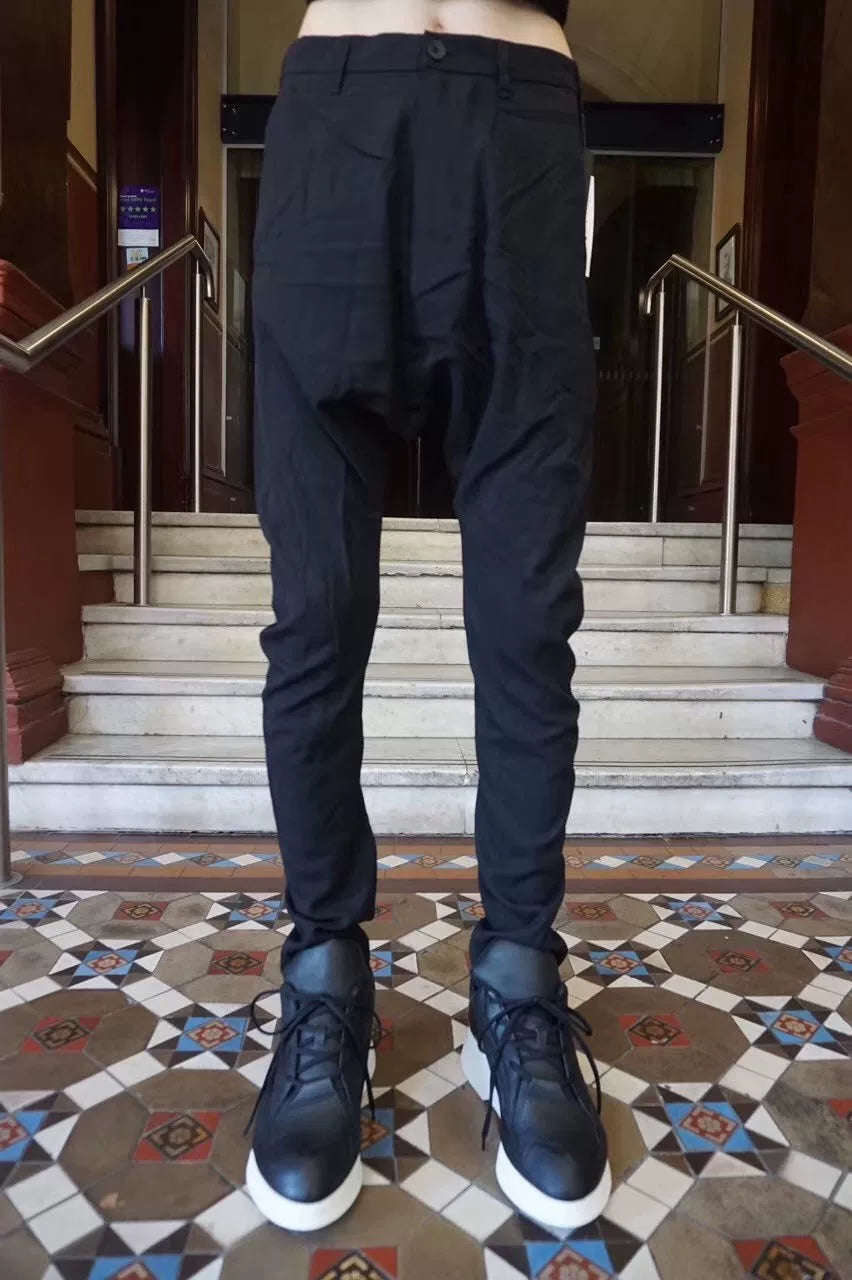 Julius FW16 Pre Black Curved Blade Viscose Wool Trousers