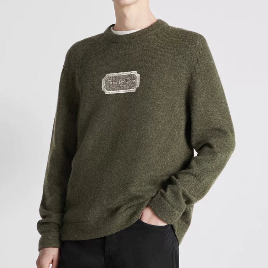Dior Olive Slogan Embroidered Logo Ribbed Collar Cashmere Sweater