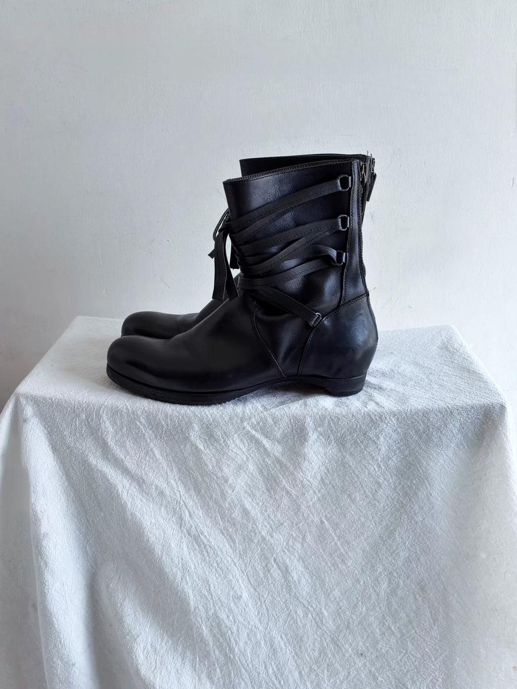 90s Yohji Yamamoto Strap Boots Y's Wrap-Strap Knight Mid-Calf Leather Boots