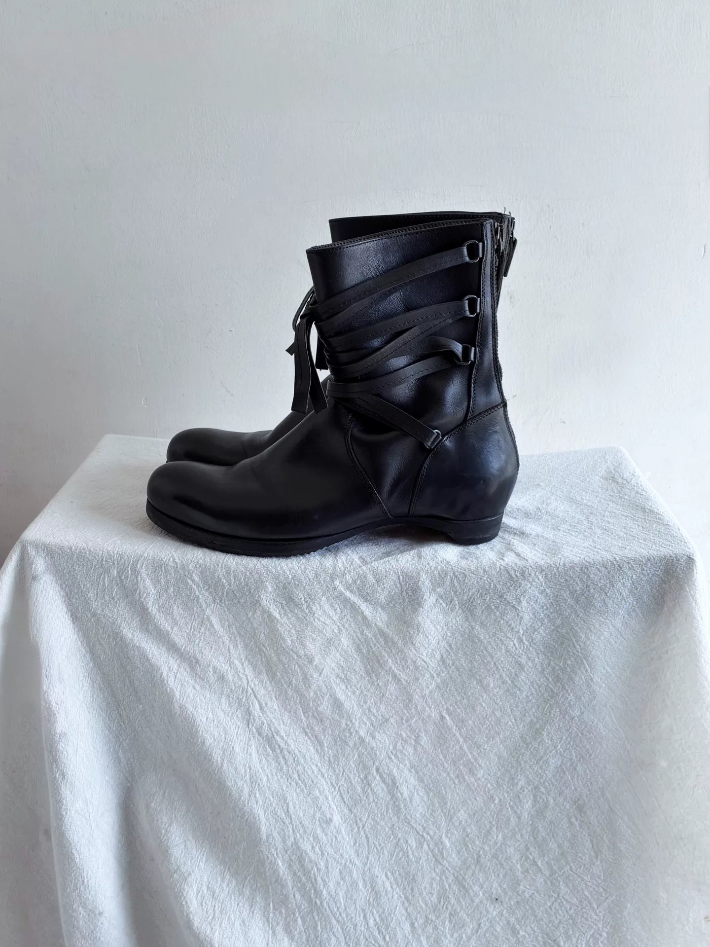 90s Yohji Yamamoto Strap Boots Y's Wrap-Strap Knight Mid-Calf Leather Boots