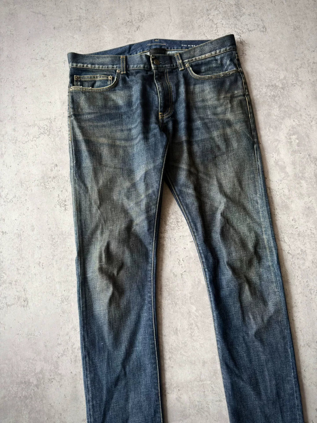 Saint Laurent Paris AW13 D02 Blue Washed Oil Stain Mud Dyed Denim Jeans by Hedi Slimane