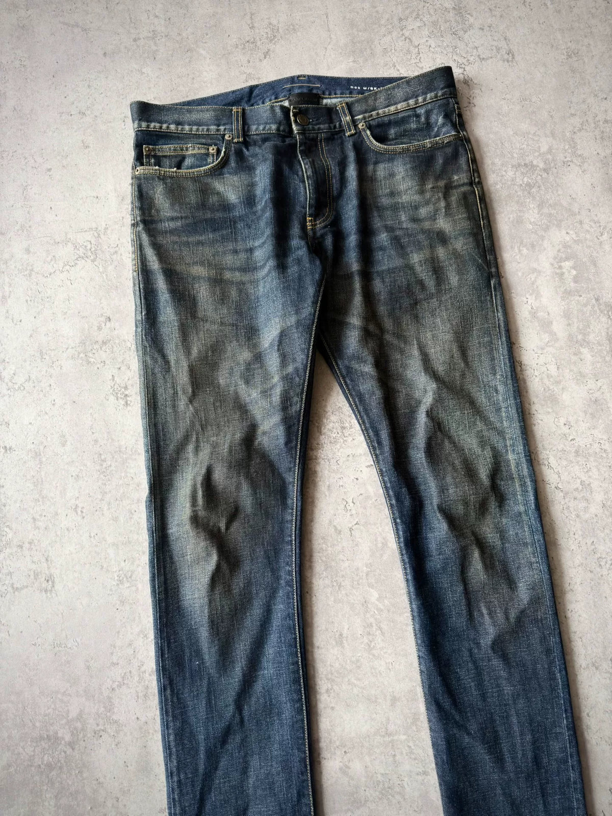 Saint Laurent Paris AW13 D02 Blue Washed Oil Stain Mud Dyed Denim Jeans by Hedi Slimane