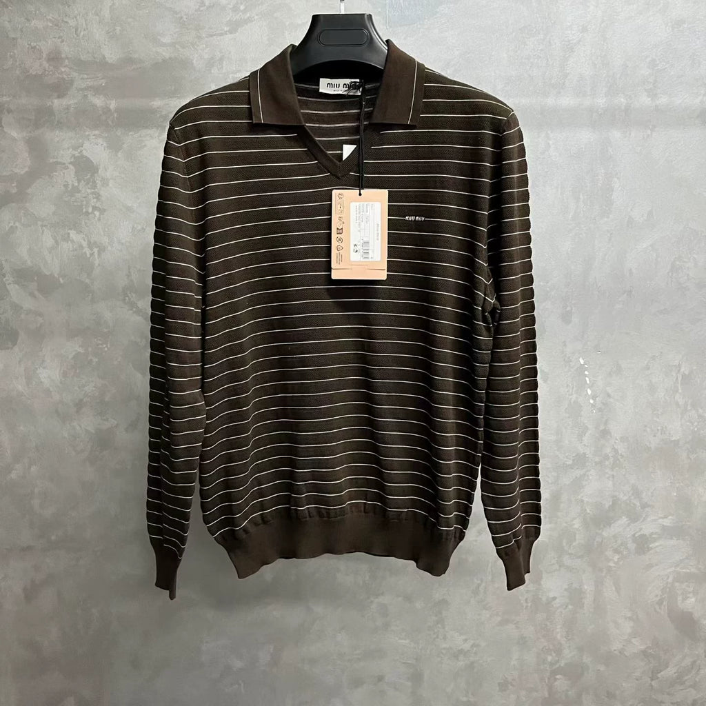 Miu Miu V Neck Striped Rib Cotton Sweater