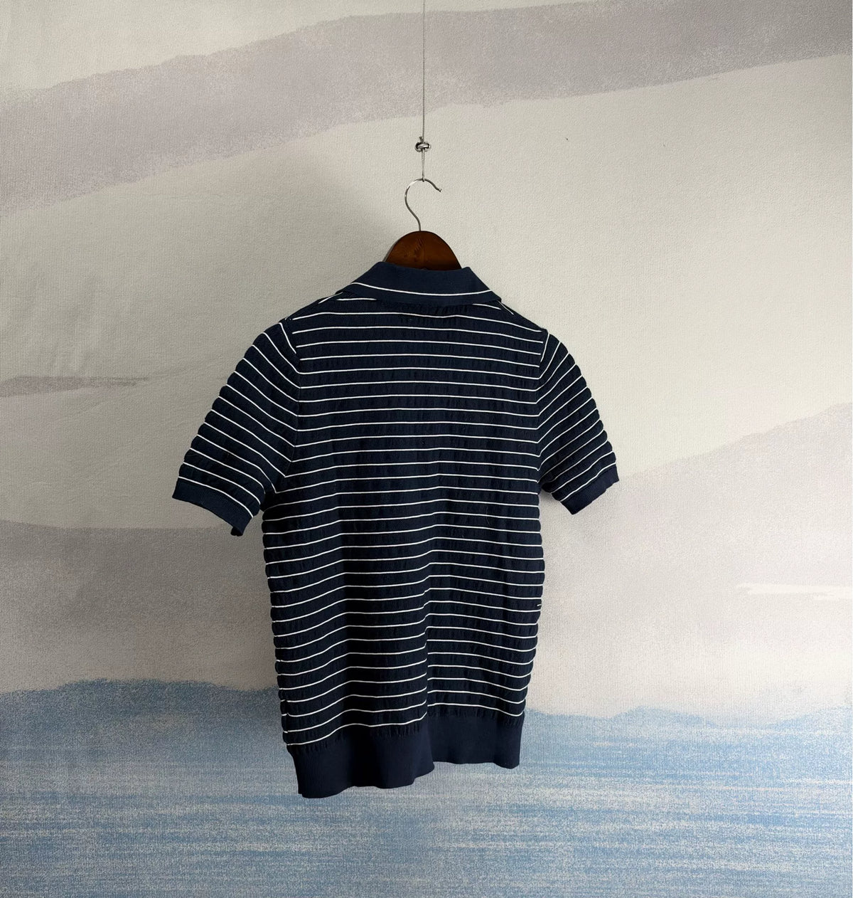 Miu Miu SS26 Navy Blue Collared Striped Knit Top