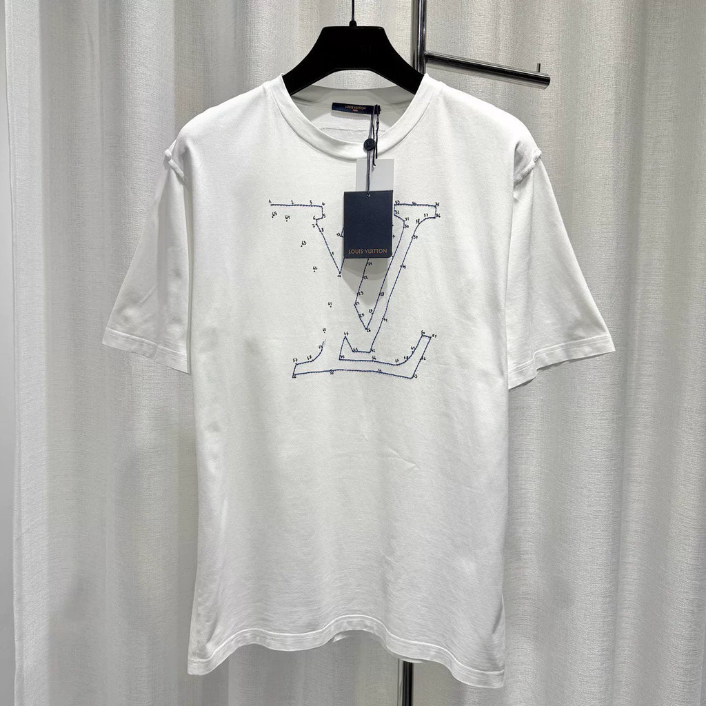 Louis Vuitton White Lian Kan Embroidered Ribbed Collar Combed Cotton Short Sleeve Top