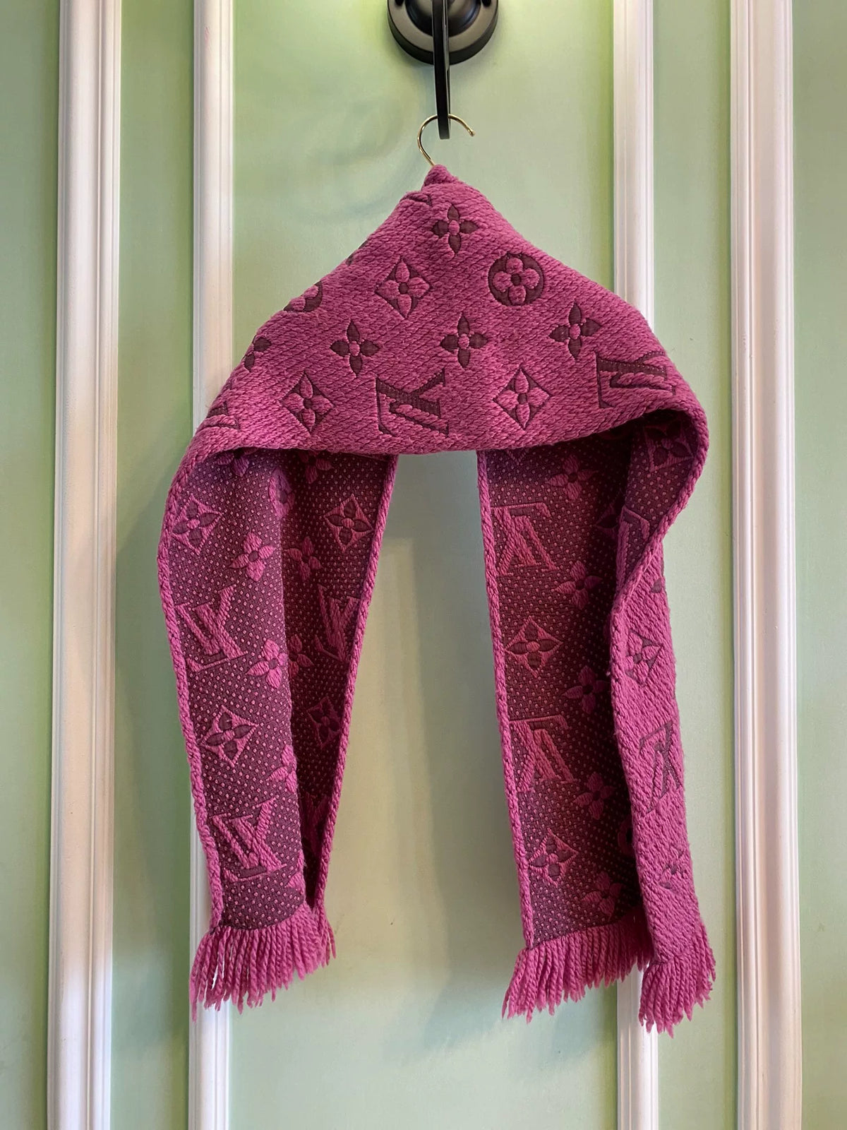 Louis Vuitton Pink Monogram Wool Silk Fringe Scarf