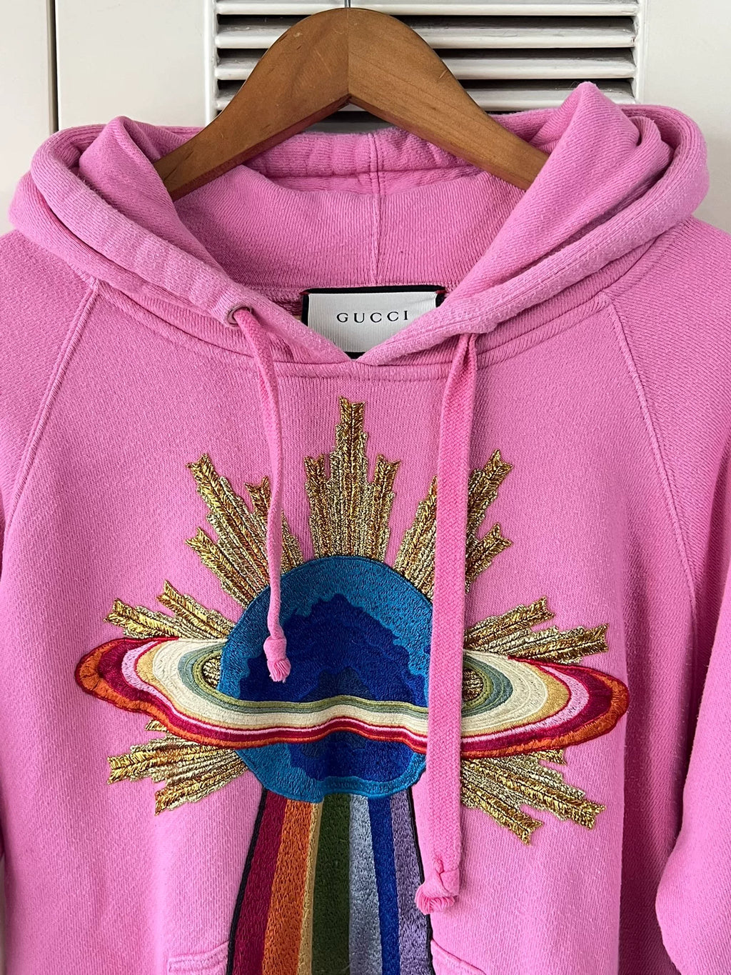 Gucci Pink Rainbow Planet Heavy Embroidery Hooded Sweater
