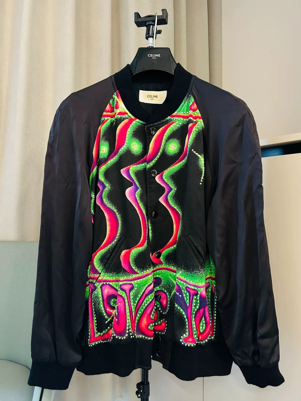 Celine Keith Richards saint Black Love Cyber Polka Dot Silk Baseball Jacket by Hedi Slimane