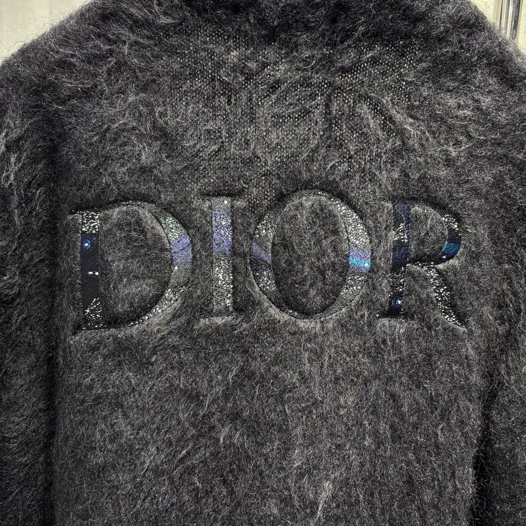 Dior Black Mohair Nylon Wool Blend Lettered Embroidered Button-Front V-Neck Cardigan
