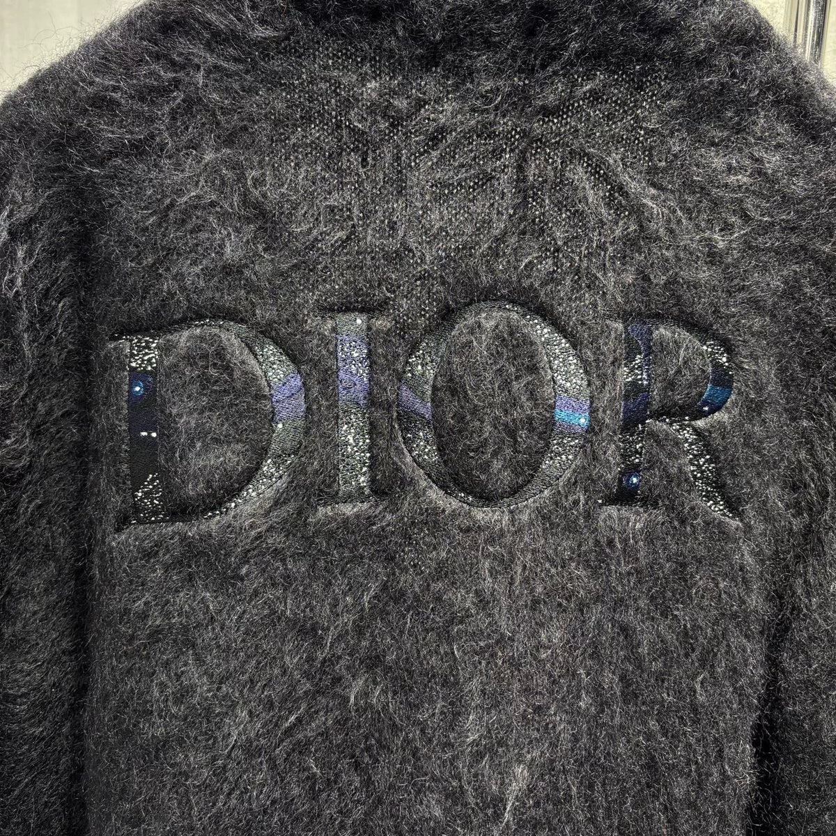 Dior Black Mohair Nylon Wool Blend Lettered Embroidered Button-Front V-Neck Cardigan