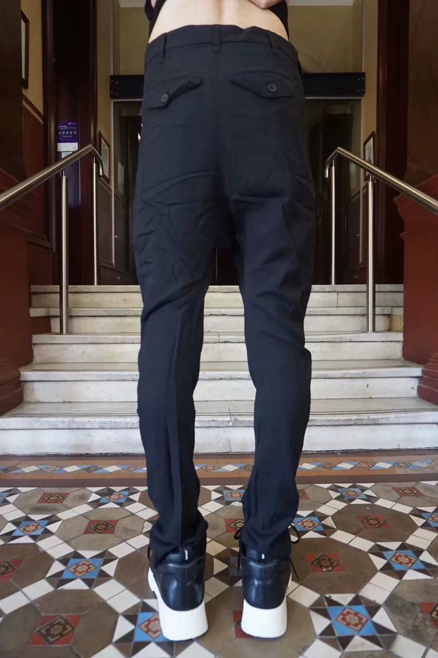 Julius FW16 Pre Black Curved Blade Viscose Wool Trousers