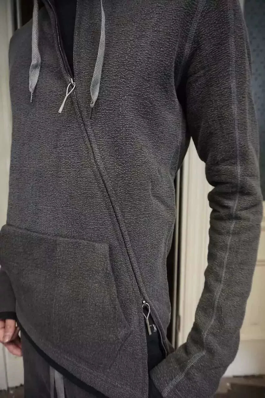 Taichi Murakami Grey Diagonal Zip-Up Cotton Hooded Sweater